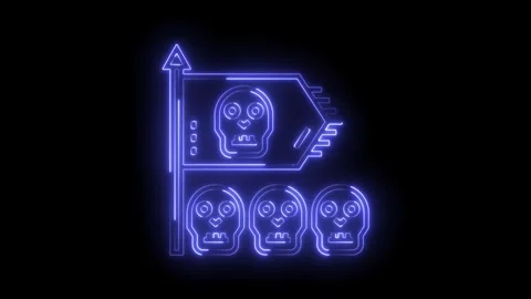 Blue neon animated skull flag with multiple skulls on black background animation Stock Footage 322990029