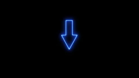 Blue neon arrow glowing in darkness pointing downwards with flickering ligh.. Video stock 334045830