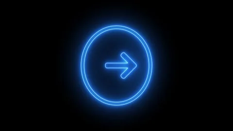 Blue neon arrow inside circle pointing right glowing on black background ab.. Stock Footage 345548102