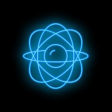 Blue neon atom icon glowing on dark background Stock Illustration
