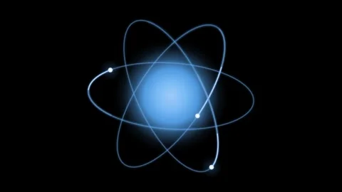 Blue neon atom with three orbiting electrons and a glowing nucleus on a black 動画素材 344553308