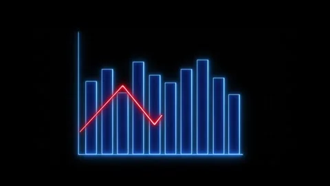 Blue neon bar chart with red downward trend line on grid. Bar chart graph. .. Stock-Footage 337131145