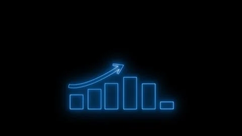 Blue neon bar chart with upward arrow on black background, glowing futurist.. 動画素材 337077170