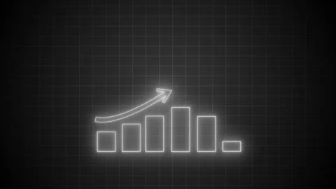 Blue neon bar chart with upward arrow on black background, glowing futurist.. Stock Footage 337077198