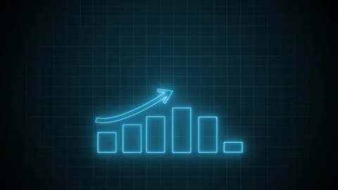 Blue neon bar chart with upward arrow on black background, glowing futurist.. Stock Footage 337077208