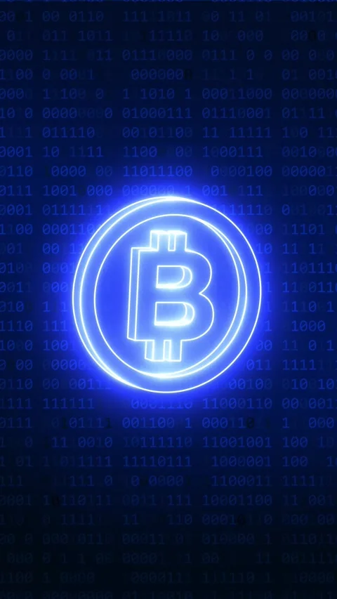 Blue neon bitcoin cryptocurrency symbol moving on binary code background Stock Footage 325077899