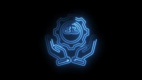 Blue neon brain inside gear held by hands abstract concept technology innovation Stock Footage 333956054