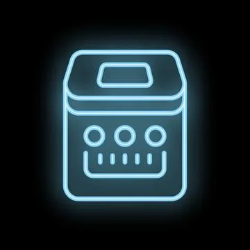 Blue neon bread machine icon glowing on dark background Illustrazione stock