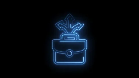 Blue neon briefcase icon with three arrows pointing upwards symbolizing bus.. Stock Footage 346127256