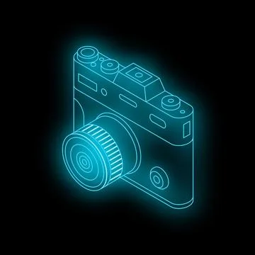 Blue neon camera shining in the dark background Stock Illustration
