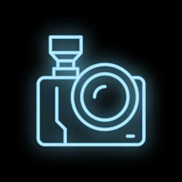 Blue neon camera shining in the dark background Stock Illustration