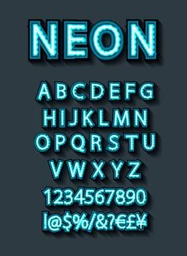 Blue neon character font set on dark background Stock Illustration