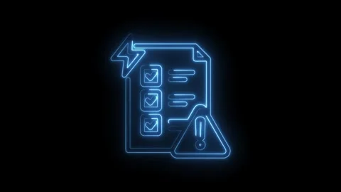 Blue neon checklist with completed tasks and warning alert icon on black Stock Footage 333952190