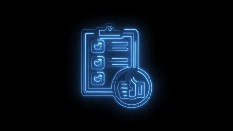 Blue neon checklist with completed tasks and thumbs up icon glowing on black Stock-Footage 333957952