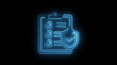 Blue neon checklist with shield and checkmark glowing on black background s.. Stock Footage 346104507