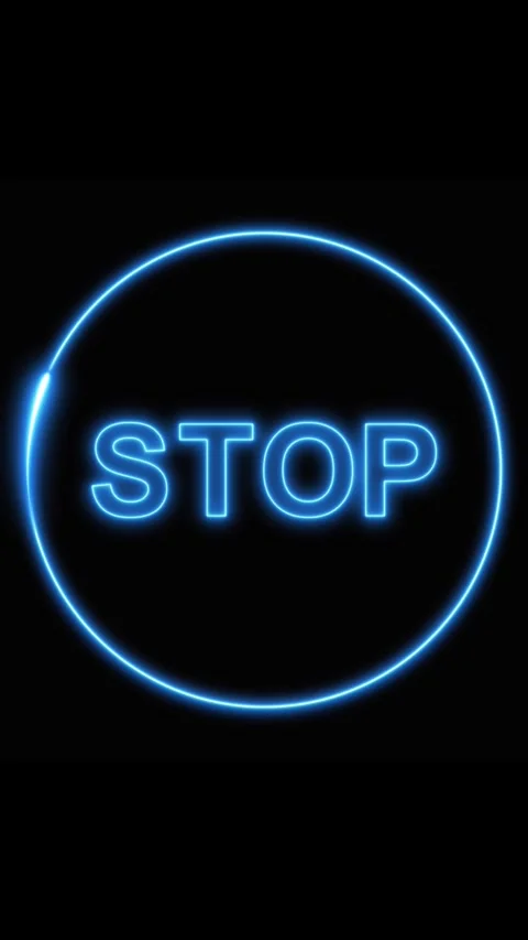 Blue neon circle with stop glowing on black background. Blue neon stop ligh.. Stock Footage 344843088