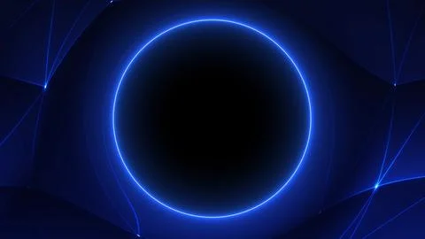 Blue neon circle with thin network lines on dark background. Clean technolo.. Stock Illustration