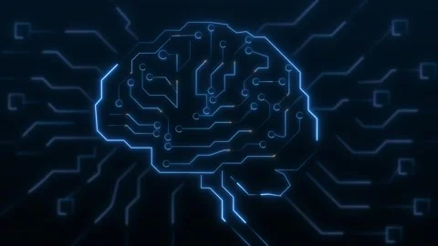 Blue neon circuit board brain outline with network nodes. Artificial intell.. Stock Footage 337022868