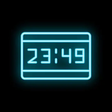 Blue neon clock showing 23,49 on black brick wall background Stock Illustration