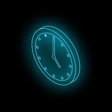 Blue neon clock showing time passing on black background Stock Illustration