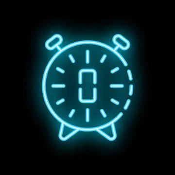 Blue neon clock showing zero hour time on black background Stock Illustration