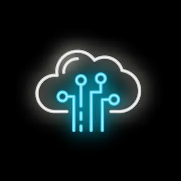 Blue neon cloud computing icon glowing on black background Illustrazione stock