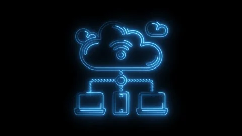Blue neon cloud computing with laptop and mobile devices connected on a bla.. Stock Footage 308903716