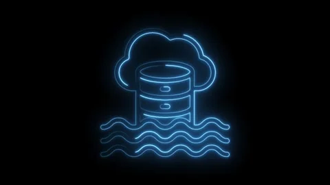 Blue neon cloud database with wavy water lines on black background abstract.. Stock Footage 346014058