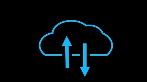 Blue neon cloud icon with arrows animating for data synchronization Video stock 332855877