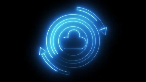 Blue Neon Cloud Icon With Circular Arrows On Black Background symbol techno.. Stock Footage 321586190