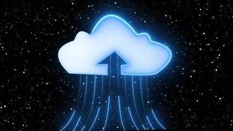 Blue neon cloud icon with upload arrow. Blue neon cloud for digital data st.. Stock Footage 337815453