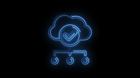 Blue neon cloud network connection with checkmark icon glowing on black Stock Footage 333963980