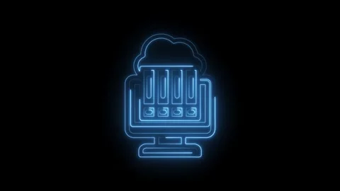 Blue neon cloud server icon glowing on black background digital data storage Stock Footage 333956421