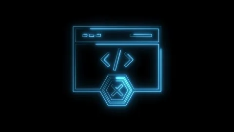 Blue neon code error window with crossed out hexagon on black background Stock Footage 312448096