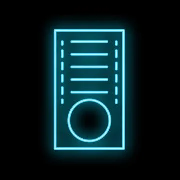 Blue neon computer case icon glowing against a black background 스톡 일러스트