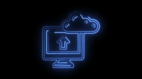 Blue Neon Computer Upload Cloud Icon Animation Dark Background Digital Data.. Stock Footage 315497830