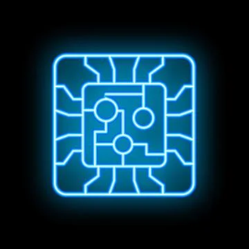 Blue neon cpu chip glowing on black background 库存插图
