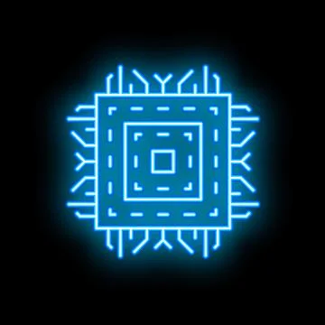 Blue neon cpu glowing on black background Stock Illustration