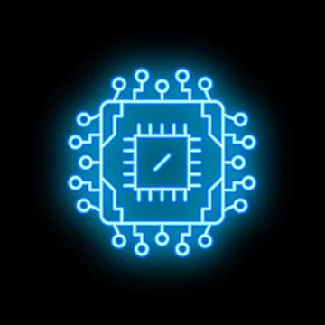 Blue neon cpu microchip glowing on black background 스톡 일러스트