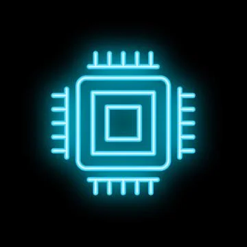 Blue neon cpu microchip glowing on black background 스톡 일러스트