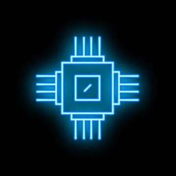 Blue neon cpu microchip icon glowing on black background Stock Illustration