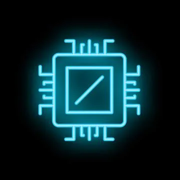 Blue neon cpu microchip icon glowing on black background Stock Illustration