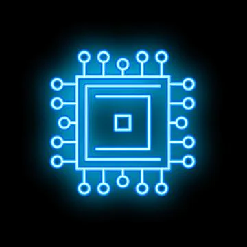 Blue neon cpu shining on black background Stock Illustration