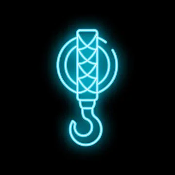 Blue neon crane hook lifting machinery icon on black background Ilustración de archivo