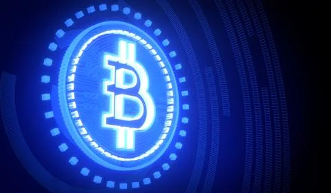 Blue Neon Cryptocurrency Bitcoin - 3D illustration Stock Illustration