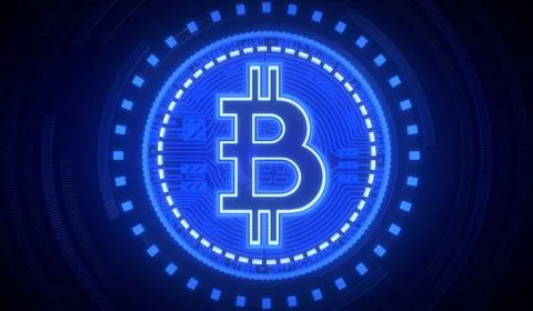 Blue Neon Cryptocurrency Bitcoin - 3D illustration Stock Illustration