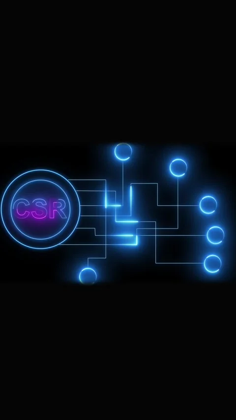 Blue neon CSR interconnected circles and lines on animated black background.. Видео 344859869