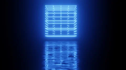 Blue neon cube. Neon Design 4K video with various neon elements and a reflecting Video stock 256421671