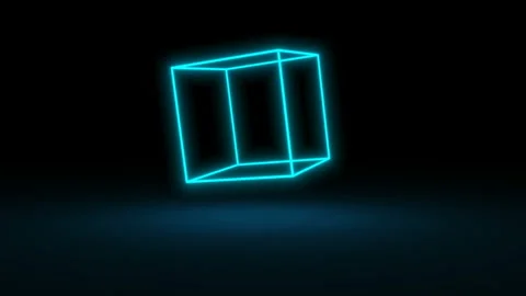 A blue neon cube rotates in space casting a shadow on the floor. Seamless loop. Stock Footage 122048651