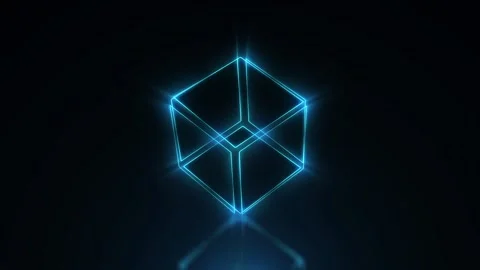 Blue neon cube rotating in space Stock Footage 110913014